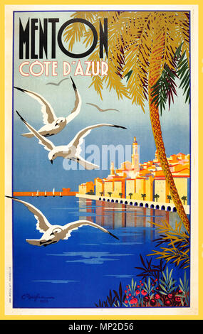 Original Vintage 1935 Travel Poster Menton Cote d'Azur Frankreich - Stockfoto