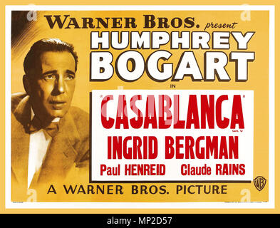 Der 1940er Jahrgang Film Filmplakat Casablanca eine 1942 amerikanischen romantischen Film unter der Regie von Michael Curtiz. Der Film stars Humphrey Bogart, Ingrid Bergman, Paul Henreid, es verfügt auch über Claude Rains, Conrad Veidt, Sydney Greenstreet, Peter Lorre, und Dooley Wilson. Stellen Sie während des Zweiten Weltkrieges, es konzentriert sich auf einen amerikanischen Expatriate wer muss zwischen seiner Liebe zu einer Frau und hilft ihr und ihrem Mann, einem tschechischen Widerstand, Flucht aus dem Vichy kontrollierten Stadt Casablanca seinen Kampf gegen die Nazis zu wählen Sie Weiter Stockfoto