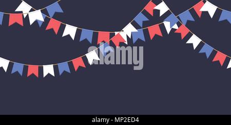 Nahtlose Girlande mit Feier Flaggen Kette, weißen, blauen, roten Fähnchen auf dunklem Hintergrund, Fußzeile und Banner für die Dekoration Stock Vektor