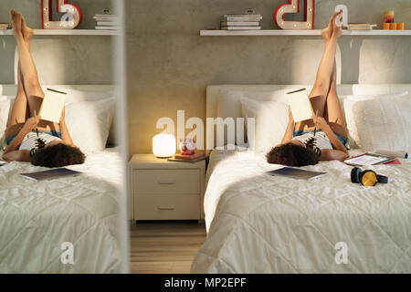 Frau Studium im Bett Hausaufgaben bei Sonnenuntergang Stockfoto