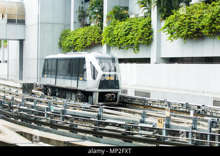 Der Skytrain fährt auf abgesonderten Führungsbahnen und ist gummimüde, um den Betriebslärm am Flughafen Singapur Changi zu minimieren. Stockfoto