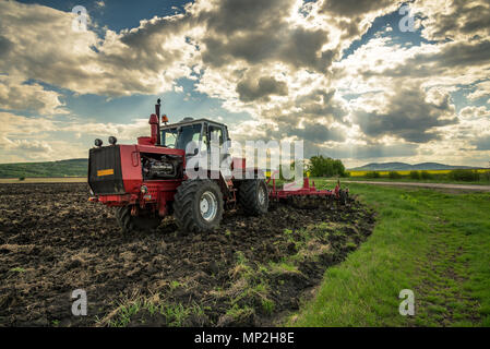 Bauer im Traktor Vorbereitung land mit saatbeet Grubber. Stockfoto