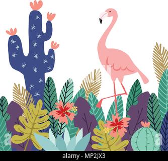 Sommer tropischen Hintergrund, Banner. Flamingo Vogel mit Kakteen, Sukkulenten Pflanzen, Palmen und Blumen. Vektor Illustrationen, flache Bauform. Stock Vektor