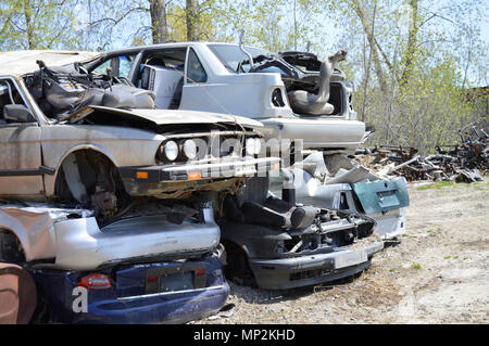 Stapel der kaputte Autos übereinander sitzen auf einem Schrottplatz Stockfoto