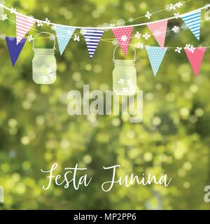 Brasilianische Juni Partei, Festa junina. Lichterkette, bunte Fahnen, jar Laternen. Party Dekoration. Geburtstag Garten oder Hochsommer Partei. Verschwommen vector Hintergrund, Banner. Stock Vektor