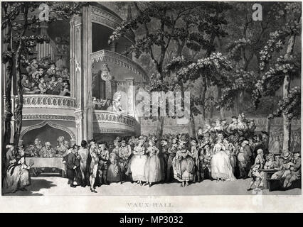 Englisch: Vauxhall Gardens von Thomas Rowlandson (1756-1827). . Englisch: Im Abendmahl-Box auf der linken Seite sehen wir, links nach rechts zu lesen, James Boswell, Frau Thrale (wer erscheint zweimal), Dr. Johnson, und Oliver Goldsmith. Die "acaroni 'Captain Edward Topham (scandalmonger auf die Welt) ist ratespaß Georgiana, Herzogin von Devonshire und ihre Schwester Lady Duncannon (Sheridan's Lady Bessborough), von einer naval Abbildung mit einer Augenklappe und Holzbein (nicht in der Mellon Version enthalten beobachtet), immer genannt, aber Admiral Paisley Paisley nicht sein Bein und Auge verlieren, bis 1. Juni 1794, so dass es ihm nicht. Stockfoto