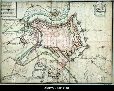 . Lëtzebuergesch: Plang vun der Festung Lëtzebuerg 1686. Tusch, faarweg Tënt ein Aquarell. Aus der Sammlung vum Gaignières, Roger de (1642-1715). Français: Plan de Luxemburg, 1686. Dessin. Plume, encre de Chine, encre de Couleur, lavis et Aquarelle. Appartient à l'Ensemble documentaire: Sammlung Roger de Gaignières (1642-1715). 1686. Unbekannt 1008 Plan de Luxembourg 1686 w p 1. Stockfoto