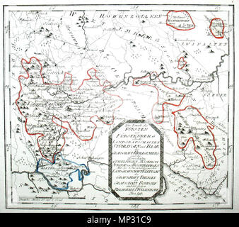 . Deutsch: Die Lande des Fürsten von Fürstenberg oder die Landgrafschaften Stühlingen und Baar sterben Grafschaft Heiligenberg und die Herrschaften Gundelfingen Möskirch Jungnau und Trochtelfingen. Mit der Schwarzenbergischen Landgrafschaft Klettgau der Grafschaft Thengen der Grafschaft Bondorf und der freÿen Reichsstadt Pfullendorf. Nro. 193. Kolorierter Kupferstich. 1792/1793. Franz Johann Joseph von Reilly (1766-1820) Alternative Namen Reilly, Franz Johann Joseph von Beschreibung österreichischer Verleger und Schriftsteller Geburtsdatum / Tod 18. August 1766 vom 6. Juli 1820 Ort der Geburt / Tod Wien Stockfoto