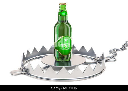 Alkohol Trap Konzept. Bierflasche in die Falle, 3D-Rendering auf weißem Hintergrund Stockfoto