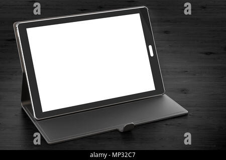 Tablet Computer mit leeren Bildschirm und Gehäuse auf dem hölzernen Tisch, 3D-Rendering Stockfoto