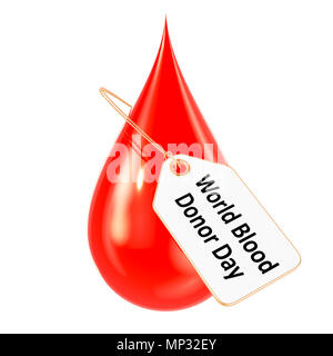 Weltblutspendetag Konzept. Blutstropfen mit Tag, 3D-Rendering auf weißem Hintergrund Stockfoto