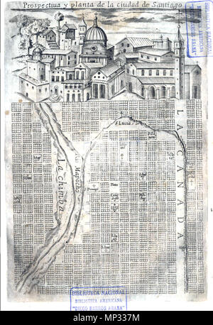 . Español: Mapa de Santiago de Chile publicado por el sacerdote Campamento Alonso de Ovalle en su Obra' Histórica del relación Reyno de Chile i de las ich Mifiones exercita Miniftterios que la Compañía de Jesús" (1646). 1646. Alonso de Ovalle 1095 Santiago de Chile-Alonso Ovalle Stockfoto