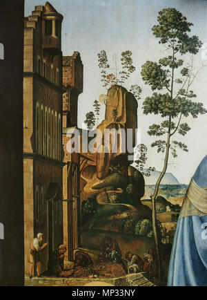 Englisch: Die Visitation mit Heiligen Nikolaus und Anthony Français: Visitation avec Saint Nicolas et Saint Antoine circa 1490. 986 Piero di Cosimo - Visitation Stockfoto