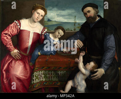 Portrait von Giovanni Della Volta mit seiner Frau und seinen Kindern Portrait von Giovanni Della Volta mit seiner Frau und seinen Kindern. Volta Familie. 1547. 821 Lorenzo Lotto 080 Stockfoto