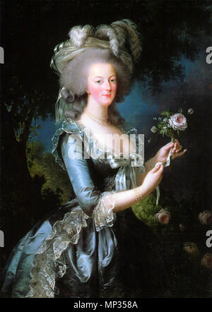 Französisch: Marie-Antoinette dit" à la Rose" marie-antoinette mit der Rose. Italiano: Maria Antonietta con una rosa: "In un paesaggio Campestre ricorda che la vegetazione del Trianon, una giovane Donna che indossa un di Seta abito Azzurra con drappeggi eine sbuffo Sui fianchi e Ornato di merletto tiene Tra le lunghe mani Una Rosa sbocciata, simbolo dell'effimero. Offre quel Fiore kommen sembra offrire Quel petto voluttuoso, del quale si intravedono i contorni attraverso una Leggera balza di Chiffon. Il collo Lungo e sinuoso, ornato da durch Datei di Perle, conferisce una Grazia maestosa a quella Figu Stockfoto