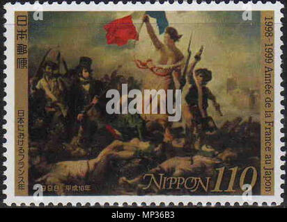 . Englisch: Stempel von Eugène Delacroix - La Liberté guidant le peuple 日本語: 日本におけるフランス年を記念して発行された 1998 描かれているのはウジェーヌ 年の日本切手。 ・民衆を導く自由の女神 ドラクロワによる" "である。. Briefmarkenausgabe 1998-04-28. Eugène Delacroix und Japan Post 1278 Jahr Frankreichs in Japan Stempel Stockfoto