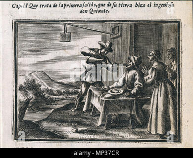 . Español: Miguel de Cervantes, Vida y hechos del ingenioso cavallero Don Quijote de la Mancha, Madrid, Andrés García de la Iglesia, 1ª parte. Primera edición española con Ilustraciones, imitadas en Todas las posteriores del Sigl XVIII hasta las Ediciones de Ibarra. Y32 Frontispicio viñetas, en Parte derivadas copiadas o de las aparecidas en las Ediciones holandesas de Dordrecht atribuidas a Savery y las de Amberes, con estampas de Bouttats derivadas de aquellas. 12 Sohn diseños Nuevos, atribuidos a Obregón que Firma La Portada. 1674. Diego de Obregón 938 Obregon - quijote - primera Salida Stockfoto