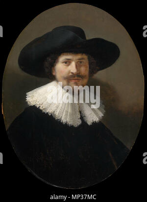 Porträt der Mann mit dem schwarzen Hut. Englisch: Porträt eines Mannes in einem Sonnenhut mit. 1634. Rembrandt 1051 Rembrandt Porträt eines Mannes in einem Sonnenhut mit Stockfoto