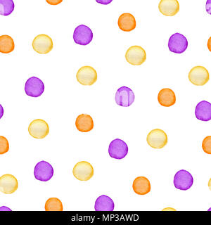 Dekorative Aquarell nahtlose Muster mit Polka Dots. Violett und Orange runde Flecken auf einem weißen Hintergrund Stockfoto