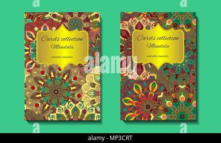 Grußkarte Design mit Mandala Muster. Abstract vector Template. Indische, arabische, orient Motiven in grünen, gelben und braunen Farben. Easy Edit Stock Vektor