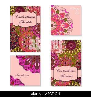 Card Design mit Mandala Muster. Abstract vector Template. Indische, arabische, orient Motiven in grün, pink und lila Farben. Einfach zu bearbeiten und zu verwenden Stock Vektor