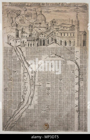 123. Español: Mapa de Santiago de Chile publicado por el sacerdote Campamento Alonso de Ovalle en su Obra' Histórica del relación Reyno de Chile i de las ich Mifiones exercita Miniftterios que la Compañía de Jesús" (1646). 1646. Alonso de Ovalle 853 Mapa-Alonso-de-ovalle Stockfoto