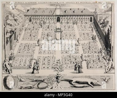 . Englisch: Hortus Botanicus Leiden (Niederlande) im Jahr 1610. Gravur: Willem Swanenburgh nach Jan Cornelisz Woudanus (Van 't Woudt). 1610. Willem Swanenburgh und Jan Cornelisz. Van 't Woudt 1274 Woudanus 2 Stockfoto