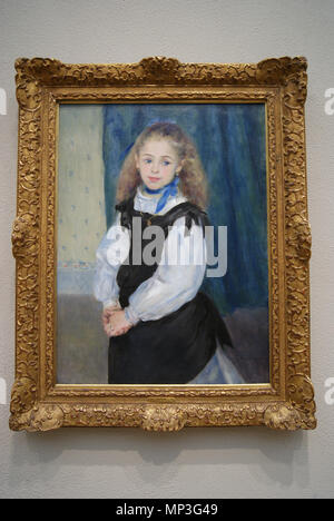 Portrait von Mademoiselle Legrand. Englisch: ein Portrait von Acht-jährige Adelphine Legrand. Es ist nicht viel über wie Renoir, kam die Malerei oder die Beziehung zwischen ihm und der Familie Legrand zu produzieren bekannt, obwohl er scheint eine in der Nähe von Familie Freund, seit er Adelphine's Hochzeit im Jahre 1893 besucht. Es scheint auch, dass Adelphine's Eltern mit dem Künstler Frédéric Bazille und Jean-Baptiste Carpeaux vertraut waren. . 1875. 988 Pierre-Auguste Renoir, Portrait von Mademoiselle Legrand (1875) Stockfoto