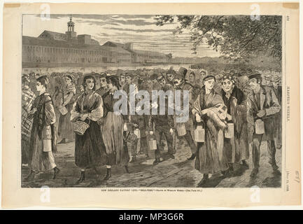 . Englisch: File name: 10 09 000087 Titel: New England Fabrik leben - 'Bell-Zeit." Creator/Contributor: Homer, Winslow, 1836-1910 (Künstler) Ausgabedatum: 1868-07-25, Physische Beschreibung drucken: 1: holzstich Genre: Holzstiche; periodische Illustrationen Hinweise: Erschienen in: Harper's Weekly, Band XII, 25. Juli 1868, S. 472.; Gezeichnet von Winslow Homer. Zeigt Washington Mills in Lawrence, Massachusetts. Sammlung: Winslow Homer Sammlung Ort: Boston Public Library, Drucken Abteilung Rechte: Keine bekannten Einschränkungen Flickr Daten auf 2011-08-11: Kamera: Sinar AG Sinarback 54 FW, Sinar m Tag Stockfoto