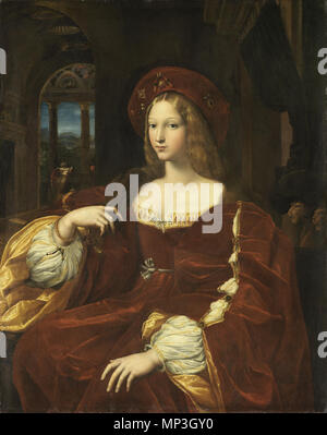 Français: Portrait de Jeanne d'Aragon. Das Porträt einer Frau sitzt, etwa drei Viertel auf der linken Seite. Sie trägt ein rotes Kostüm, vielleicht Kleider der Königin. Im Hintergrund gibt es ein Fenster mit Neapel. ca. 1518. 1015 Portrait de Jeanne d'Aragon, von Raffaello Sanzio, von C2RMF retuschiert Stockfoto