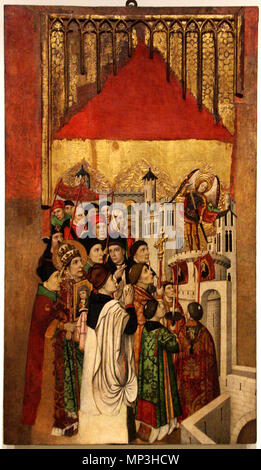 Aparició de Sant Miquel al Castell de Sant'Angelo. Retaule de Sant Miquel. Un-dels plafons del retaule de Sant Miquel dels Revenedors. Al MNAC es Conserven sis compartiments del mateix conjunt. El retaule procedeix de la Capella del Gremi dels Angebote ich Revenedors, ein l'Església de Santa Maria del Pi, Barcelona. zwischen 1455 und 1460. 708 Jaume Huguet-Retaule SantMiquel-6574 Stockfoto