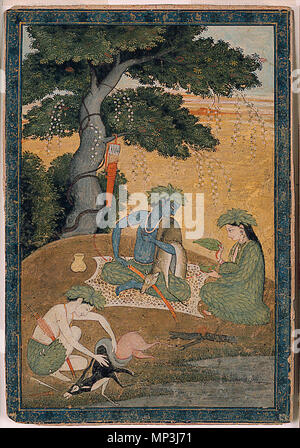 . Englisch: Serie Titel: Rama's Reise Suite Name: Ramayana Erstellungsdatum: Ca. 1790 Schaffung Ort/Betrifft: Indien State-Province: Himachal Pradesh Gericht: Kangra Schule: Pahari Media & Support: Undurchsichtig Aquarell und Gold auf Papier Anzeige Abmessungen: 7 15/16 in. x 5 13/32 in. (20,2 cm x 13,7 cm) Kreditlinie: Edwin Binney 3 Sammlung Beitritt Artikelnummer: 1990.1280 Sammlung: <a href='Http://www.sdmart.org/art/our-collection/asian-art' rel='nofollow'> Die San Diego Museum der Kunst</a> Label kopieren: VISIONEN DER GROSSEN GÖTTIN September 2004 Im Epos Ramayana, (500-300 v. Chr.), der König Rama, ein Avatar o Stockfoto