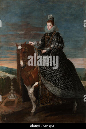 Equestrian portrait von Margarita von Österreich. Español: Retrato de la Reina Margarita de Austria (1584-1611), Que fue Reina consorte de España por su matrimonio con el rey Felipe III de España y también La Madre del rey Felipe IV. . Ca. 1635. 855 Margarita - Österreich Velazquez erweitert Stockfoto