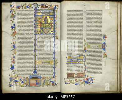 . Englisch: Mishneh Torah (Maimonides, 1180), in Spanien kopiert, in Perugia beleuchtet, C. 1400 (Elie Kedouri, der jüdischen Welt, 1979, S. 193). Beleuchtete hebräisches Manuskript. Jerusalem, jüdische National- und Universitätsbibliothek in Israel, MS. Hebr. 4* 1193. "Eine typische eingerichtet Öffnen der Seite für die 'Buch der Liebe [Gottes]." Die Abbildung auf der oberen ersten Wort-panel zeigt einen Mann umarmt eine Torarolle. In den unteren Rand ein anderer Mann ist das Rezitieren des Sch'ma, bevor Sie zu Bett gehen. Dies ist eines der Prächtigsten Handschriften der Mishneh Torah. In der Abwesenheit von kolophon, kann es vom Th abgeleitet werden Stockfoto