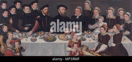 Familie - Portrait von Pierre de Moucheron (1508-1567), Kaufmann in Middelburg und Antwerpen, seine Ehefrau isabeau de Gerbier, ihre 18 Kinder, ihr Schwiegersohn Allard de la Dale und ihr erstes Enkelkind. * Öl auf Leinwand * 108 x 246 cm * 1563 * Eingeschrieben u. c.: Etatis Sue 55 1563/Etatis Sue 45 * bezeichnet mit dem Alter des Kindes über dem Kopf Familie Portrait von Pierre de Moucheron, Kaufmann in Middelburg und Antwerpen, seine Ehefrau isabeau de Gerbier, ihre 18 Kinder, ihr Schwiegersohn Allard de la Dale und erstes Enkelkind 1563. Anonyme 1171 Die De Moucheron Familie - 1563 Stockfoto