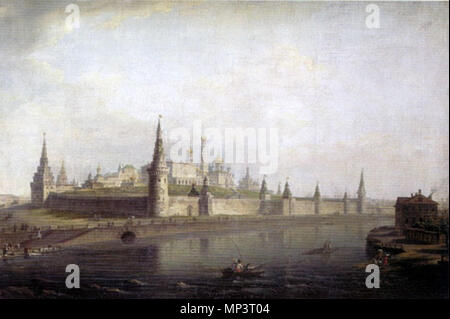 Russisch: "Вид Московского Кремля (со стороны Каменного моста) "Sicht der Moskauer Kreml (aus dem kamenny Brücke). Русский: М. Н. Воробьёв. "Вид Московского Кремля (со стороны Каменного моста)". 1819. , Холст масло. 42,6 × 65,5. Государственная Третьяковская галерея, Москва. . 1819. 775 Kreml Kamenny am 2. Stockfoto