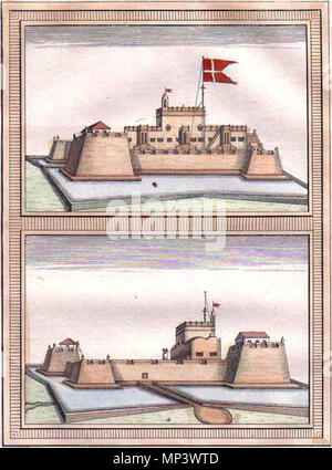 . Englisch: Blick auf das Fort von Tranquebar, oder "Dansburg", von Antoine François Prévost: Histoire générale des Voyages 15 Vol 1746 - 1759. 1753. Antoine François Prévost 1027 Prevost 1753 Stockfoto