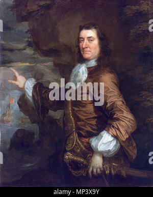 Admiral Thomas Allin * Öl auf Leinwand * 127 x 101,5 cm * 1665 Admiral Sir Thomas Allin. Englisch: Ein drei - Viertel - Länge Porträt in einem braunen Seide Mantel nach links. Allin's linker Hand ruht auf sein Schwert, das auf einem schweren gold bestickt Baldric hängt und seine rechte Hand in Richtung Schiffe in Aktion auf der linken Seite. Es ist ein felsiger Hintergrund auf der rechten Seite. Einer von Lelys dreizehn' Flagmen von Lowestoft' Porträts. . 1665. Peter Lely (1618 - 1680) Alternative Namen: Sir Peter Lely, Peter Lelio, Peter Lilley, Peter Lilly, Peter Lylly, Pieter Lelij, Geburt Name: Pieter van der Faes Beschreibung Engli Stockfoto