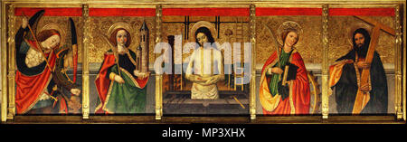 . Predel · La del" Retaule de la transfiguració "de Jaume Huguet a la Sala de l'Antic refectori dels canonges, de la Catedral de Tortosa. La Seva ubicació original Era a la Capella central de la Girola, darrera l'altar Major. D'esquerra ein dreta: Sant Miquel, Santa Bàrbara Ecce Homo, Santa Caterina i Sant Andreu. zwischen 1466 und 1475. Jaume Huguet (1412 - 1492) Alternative Namen Jaime, der ältere Huguet; Jaime Huguet, Jaime, le vieux HUGUET, Jaume, ich Huguet Beschreibung katalanischer Maler Geburtsdatum / Tod ca. 1412 1492 Ort der Geburt / Todes Valls Barcelona Arbeitsort Barcelona, Zar Stockfoto