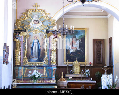 . Elsass, Bas-Rhin, Wintershouse, Église Saint-Georges (IA 00061835). Autel secondaire de la Vierge (XVIIIe): Tableau'Immaculée Conception" (Michel OSTER, huile sur toile, 160 x 110, XIX). Dieses Objekt ist classé Monument Historique in der Basis Palissy, Datenbank der Französische Möbel Erbe des französischen Ministeriums für Kultur, unter den Referenzen PM 67000454 und 67002002. Brezhoneg | Deutsch | English | Español | English | Deutsch | Français | Magyar | Italiano | Plattdüütsch | Português | +/-. 17. August 2012. © Ralph Hammann - Wikimedia Commons 1270 Wintershouse StGeorges 14. Stockfoto