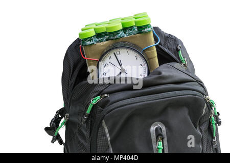 Zeitgesteuerte Bombe im Rucksack. Detail der schwarzer Rucksack mit Imitation gefährlicher explosiv. Auf einem weißen Hintergrund. Terroristische Angriffe. Stockfoto