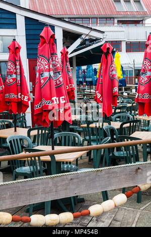 Am frühen Morgen in einem Restaurant Terrasse auf der Steveston waterfront in der Nähe von Vancouver, Kanada Stockfoto