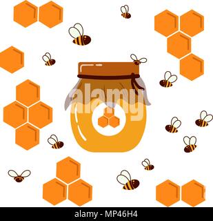Symbol. Jar mit hausgemachten Honig. Wabe und Bienen Stock Vektor