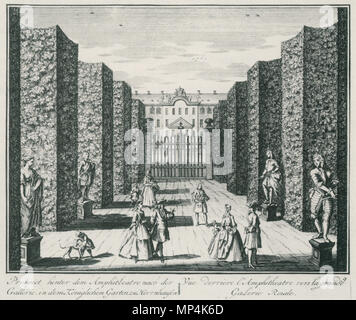 J.J.Müller (zchn), Joost van Sasse (Stich), "Aussicht hinter dem Amphitheatro / der Gallerie in dem Königlichen Garten zu Herrenhausen. Vüe derriere l'Amphitheatre vers la Grande Galerie Roiale.", um 1725, Kupferstich, Historisches Museum Hannover, Inv. Nr. 28795, 8. (Marieanne von König (Hg.), Herrenhausen. Königlichen Gärten in Hannover, Göttingen 2006, S.69, Abb sterben. 4: Königsbusch. Blick vom Amphitheater zum Galeriegebäude, um 1725). 916 Müller + Sasse GartenthKönigsb 1725 Stockfoto