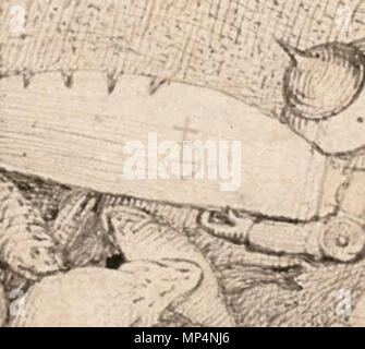 Große Fische fressen kleine Fische. English: Messerklinge mit graviertem Reichsapfel. Detail der Zeichnung Die großen Fische fressen die kleinen. 1556. 885 Messer mit Reichsapfel (Bruegel 1556) Stockfoto