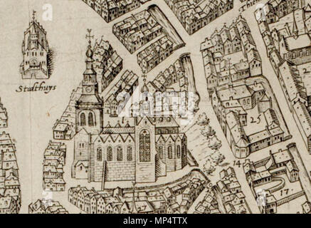 . Nederlands: Fragment van een kaart van Gouda Uit De "Civitates Orbis Terrarum" Tür Braun & Hogenberg met onder Meer het Stadhuis, de Sint-Janskerk, het Collatiehuis en de Jeruzalemkapel. 1585. Frans Hogenberg (1538-1590) 1212 Uitsnede kaart Gouda 1585 Stockfoto