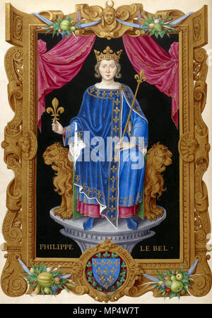 Français: Philippe IV le Bel d'Après le Recueil des Rois de France de Jean Du Tillet Englisch: Philippe IV le Bel aus Recueil des Rois de France, von Jean Du Tillet (16. Jahrhundert). . Français: Peinture réalisée d'après l'image gravée sur le Grand sceau du Roi. Un-médaillon, au Milieu de la Partie inférieure de la Bordüre, Présente l'image du contre-sceau Royal. 16. Jahrhundert. 983 Philippe IV le Bel Stockfoto