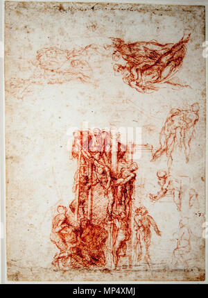 Englisch: Studien für eine Ablagerung von Kreuz. Zeichnung von Michelangelo in der Teylers Museum (Faksimile). ca. 1524-34. 888 Michelangelo - Studien für eine Absetzung vom Kreuz. Stockfoto
