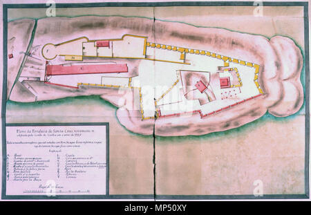 . Englisch: Plan der Festung Santa Cruz wieder von Graf da Cunha im Jahr 1765 Português: Plano da Fortaleza de Santa Cruz novamente reedificada pelo Conde da Cunha keine Ano de 1765. ca. 1765 wieder aufgebaut. Unbekannt 1009 Plano da Fortaleza de Santa Cruz (c.1765) Stockfoto