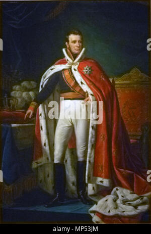 Portrait von Wilhelm I., König der Niederlande. Portrait von Wilhelm I (1772 - 1743) als König des Vereinigten Königreichs der Niederlande. Stehen, in voller Länge, in der Gala Uniform eines allgemeinen. Über seiner rechten Schulter die Schärpe des Militärs William bestellen. Über seine Uniform trägt eine rote robe mit Hermelin gesäumt. Auf der rechten Seite der königliche Thron, auf der linken Seite eine Tabelle mit auf die Karte der Teile von Java (Bantam, Jacatra und Cheribon) im heutigen Indonesien, und auch ein Kissen mit Krone und Zepter und einen Hut mit ostriche Federn. 1819. 742 Joseph Paelinck - Willem I001 Stockfoto